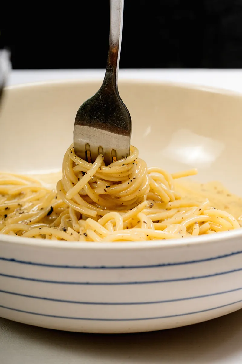 Spaghetti twirled on a fork